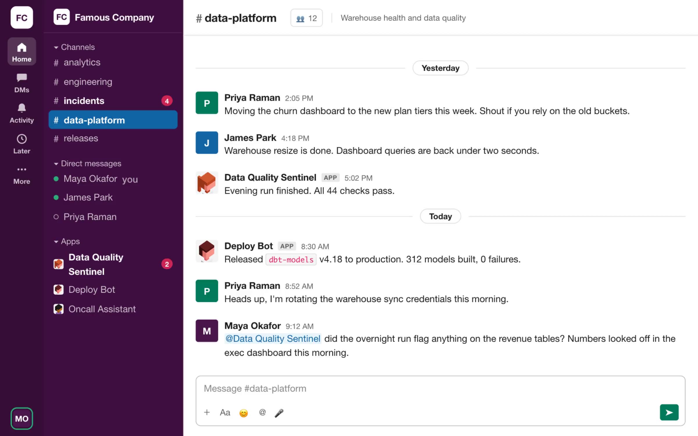 Slack thread where a person mentions Data Quality Sentinel and it replies with its findings and a linked ticket, then closes the loop with a teammate