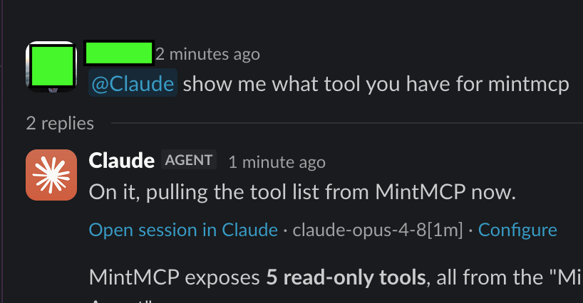 Slack channel where a user asks Claude to list Mintive tools