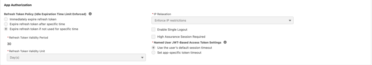 App Authorization settings with IP Relaxation set to Enforce IP restrictions and High Assurance Session Required unchecked