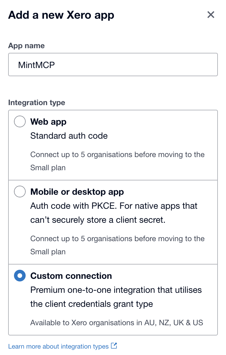 Add a new Xero app form showing App name set to Mintive and Custom connection selected as the integration type