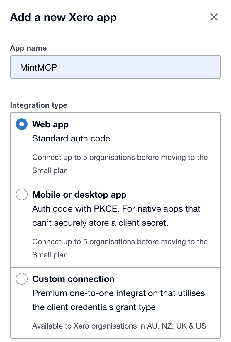 Add a new Xero app form showing App name set to Mintive and Web app selected as the integration type
