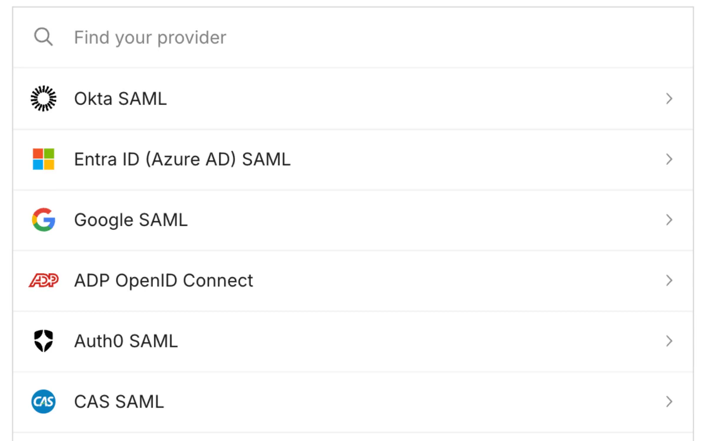 The identity provider picker scrolling through the full list: Okta, Entra ID, Google, Auth0, JumpCloud, OneLogin, PingFederate and more